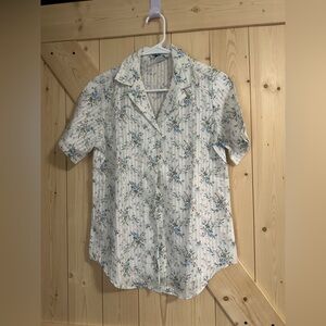 VTG Sears White Floral Polyester Semi-Sheer Short Sleeve Button-Up Shirt Size 10